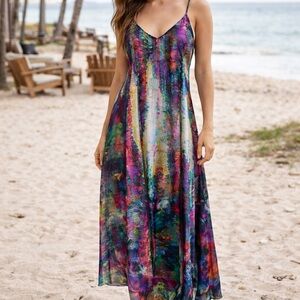 Nicole Miller Vibrant Multicolor Maxi Dress satin size medium M.